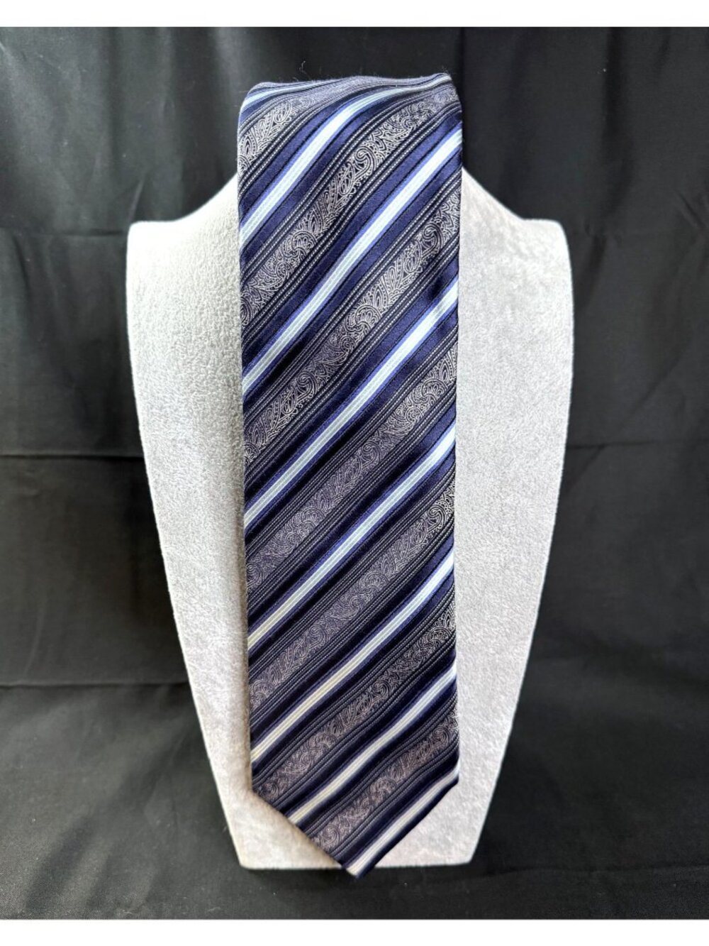 Ermenegildo Zegna Silk Tie Navy Blue Paisley Stripe Made in Italy